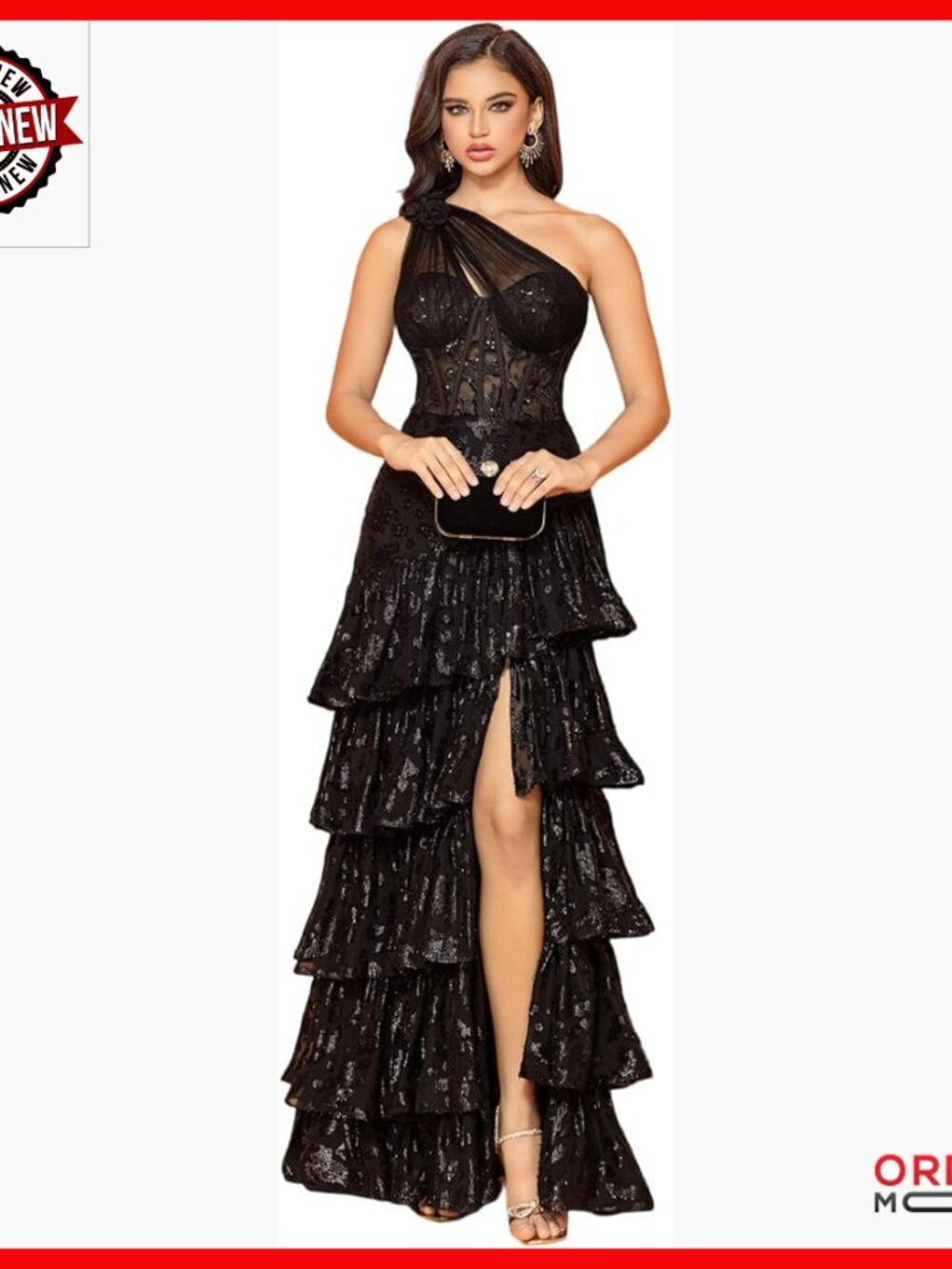 One-Shoulder Sequin Maxi Evening Gown with High Slit & Sheer Mesh